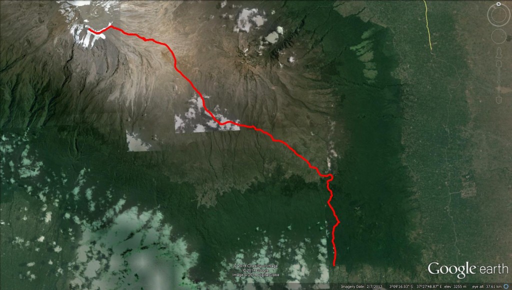 Kili Google Earth birdseye - whole trail Mt. Kilimanjaro Uhuru Peak Marangu Route